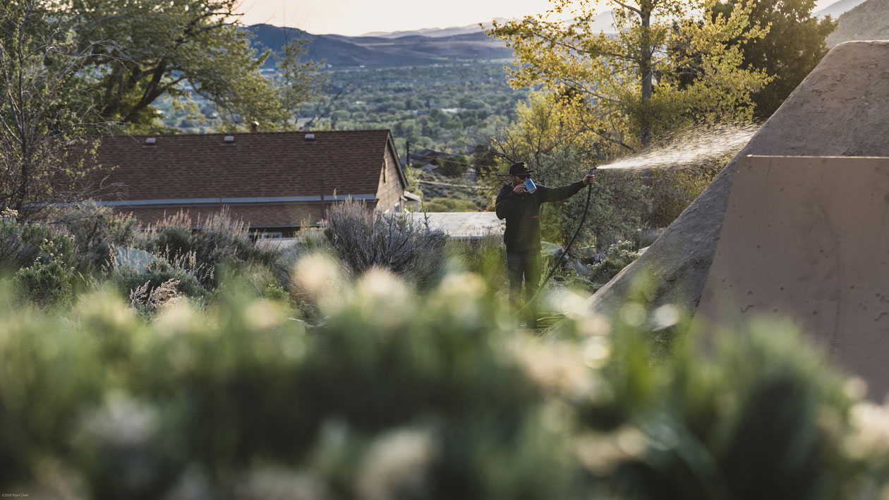 Watts tends to his backyard creation while approaching a sufficient level of caffeination for a morning session. Photo: Ryan Cleek