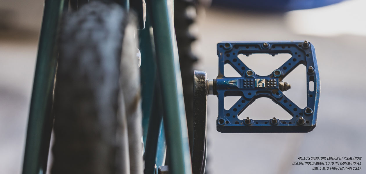 Kevin Aiello Interview: Aiello’s signature edition HT pedal (now discontinued) mounted to his 150mm-travel BMC e-MTB. Photo by Ryan Cleek