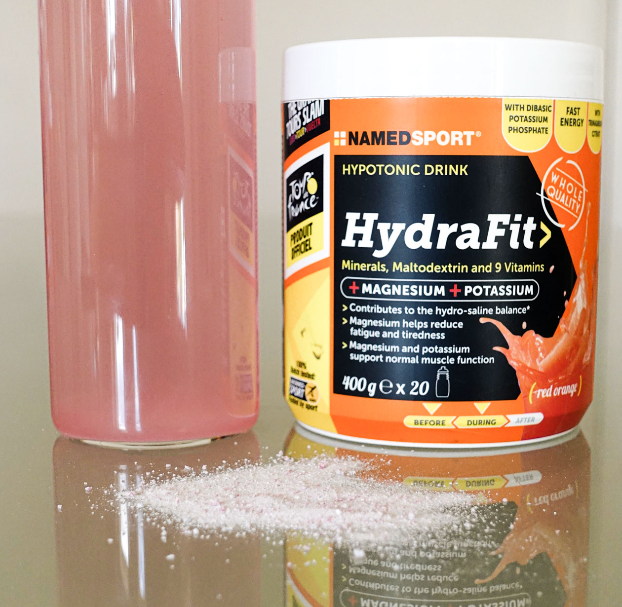 2 x Water Bottles NAMEDSPORT Hydrafit 400gm Hypotonic Fast Energy Drink Powder 